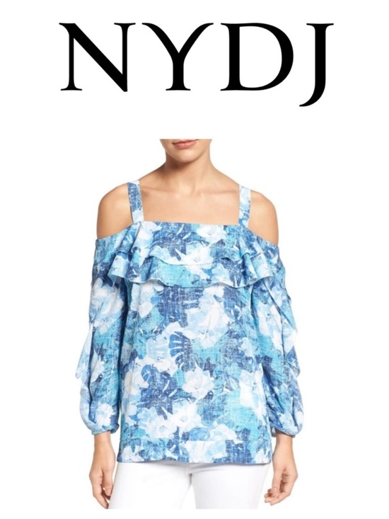 NYDJ Tops - NYDJ Floral Cold Shoulder Top Blue White Ruffle Tunic Blouse Long Sleeve Women S